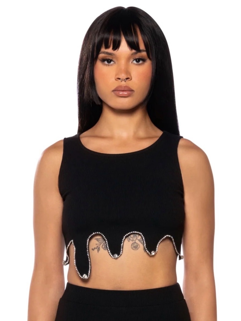 NWT AKIRA Black Rhinestone-Trim Wavy-Hem Ribbed Crop Top